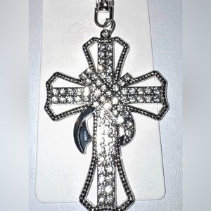 Clear Rhinestones Cross Handbag Charm NIP Christian Faith Silver Tone Keychain